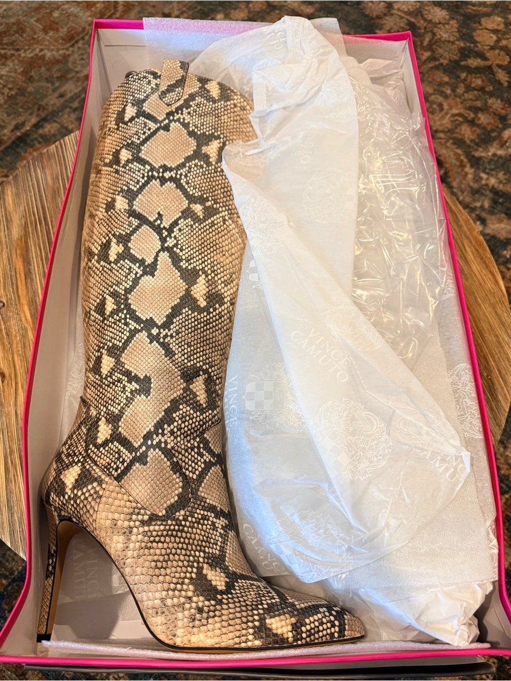 New! Vince Camuto Snake-Print Knee Boot in Beige and Black